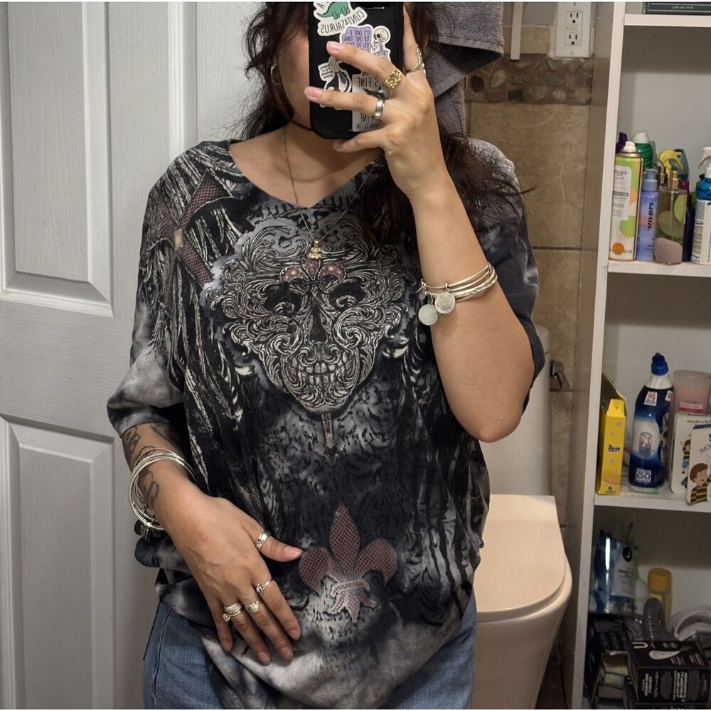 Departed T Shirt Y2K Gothic Grunge Cross Short Sleeve Skull Shirt Size Large